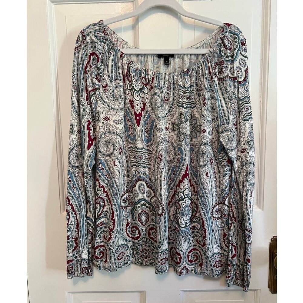 Talbots Scoop Neck Paisley Print Long Sleeve Top White Blue Red Women's M